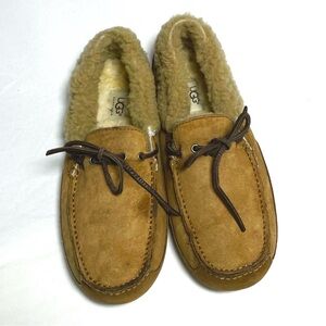 UGG tan Men’s Fleming Moccasin Suede Sheepskin Slippers House Shoes Slip On 9